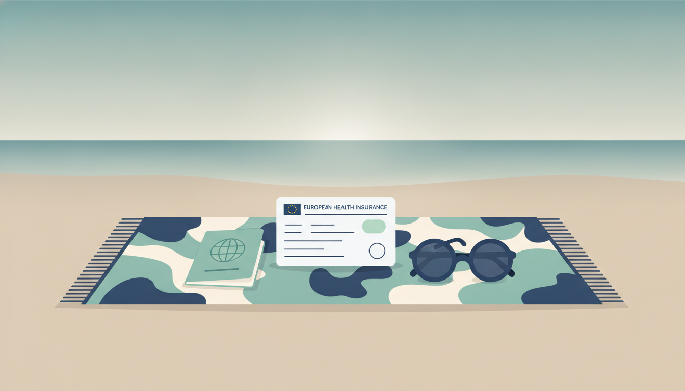 Europeisk helsetrygdkort sammen med pass og solbriller på stranden
