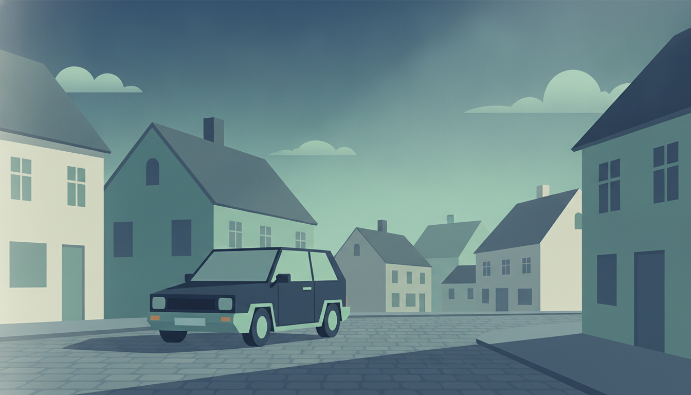En bil uten skilter parkert langs veien i skumringen