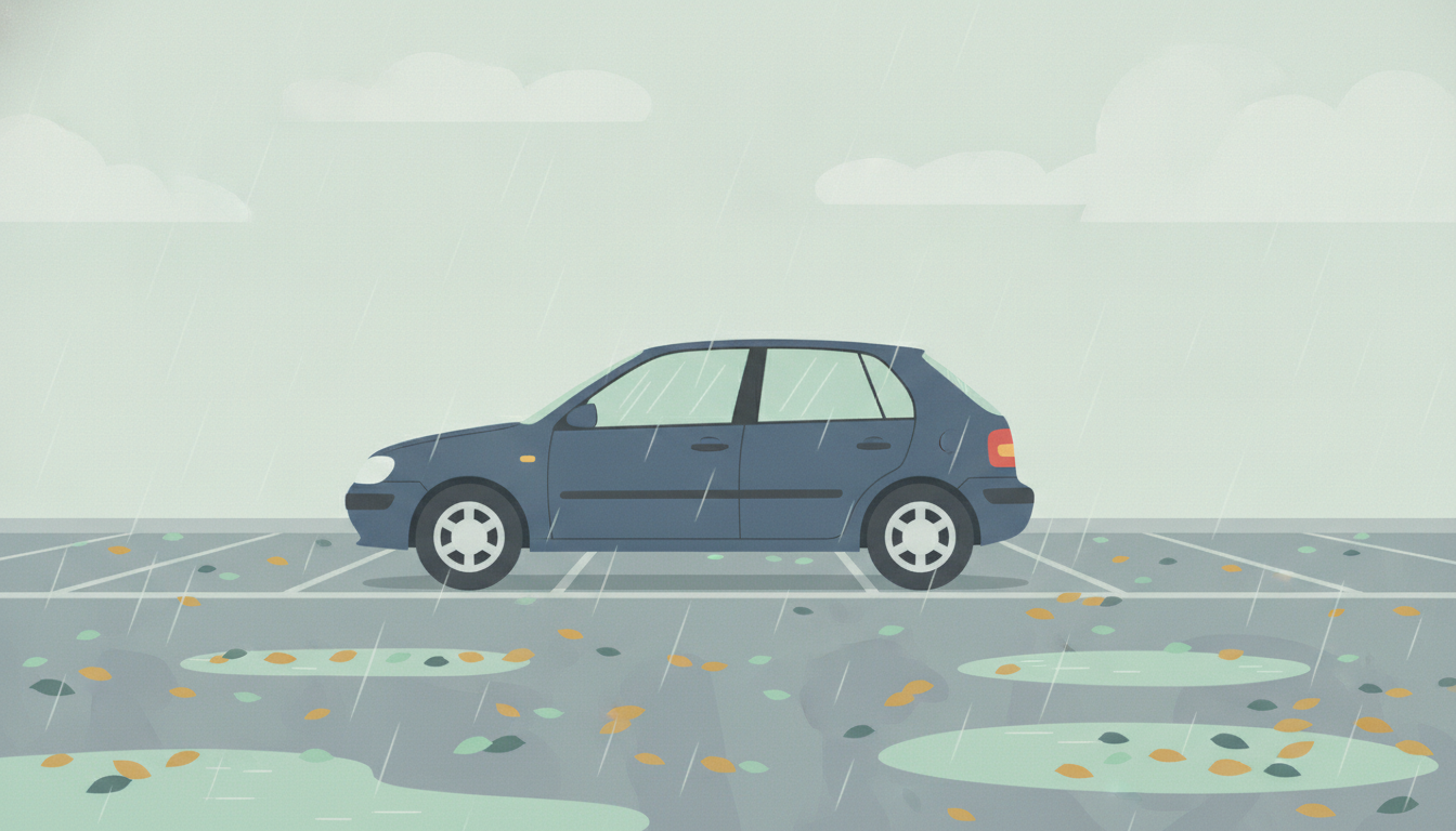 Bil med liten skade parkert på våt parkeringsplass om høsten