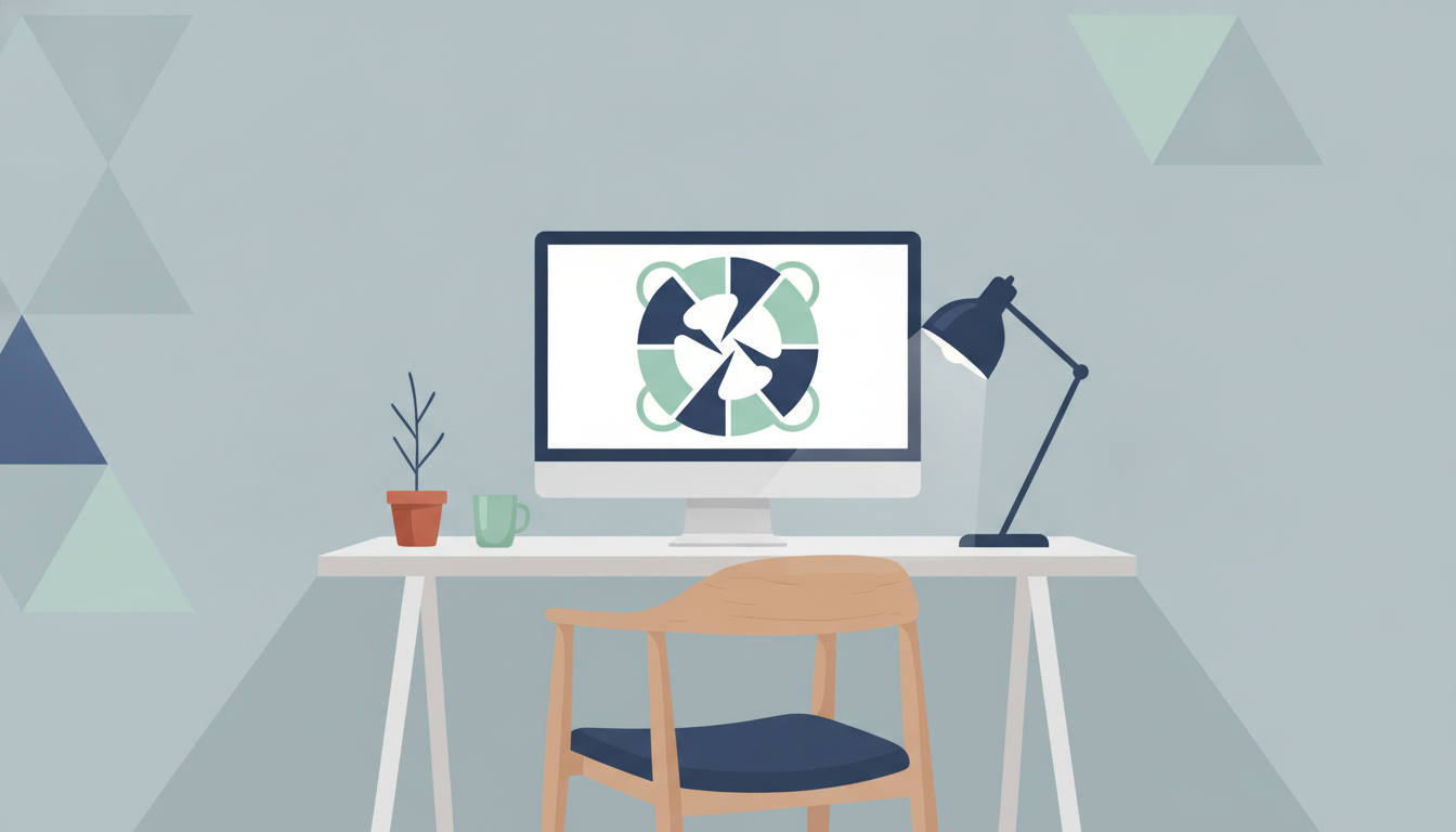 Illustration af en computer på et kontor som symbol på cybertrussel mod virksomheder