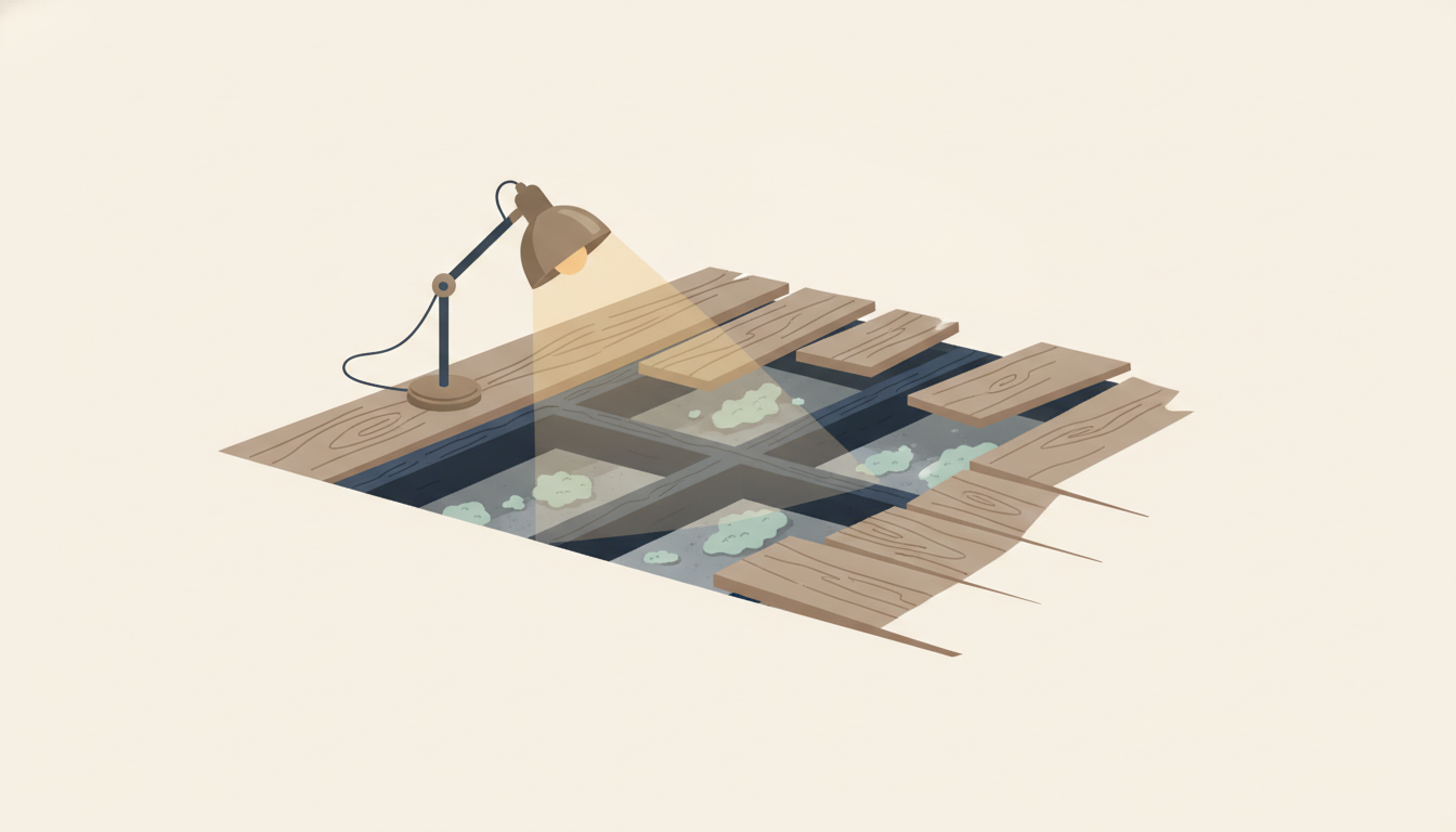 Illustration af et trægulv, hvor brædderne er taget op, så fugtige strøer og skimmelsvamp på betonen under ses