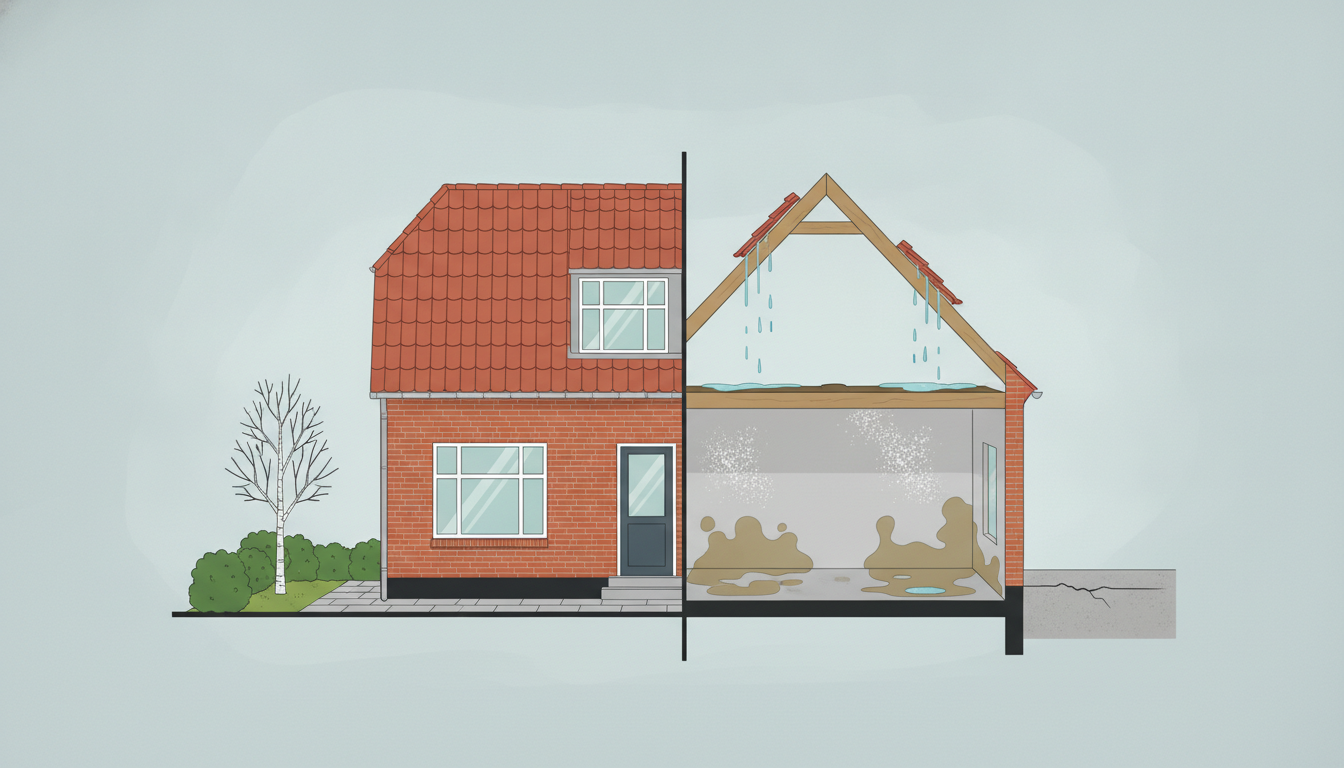 Illustration lavet med KI: et murstenshus, hvor facaden ser pæn ud, mens der gemmer sig fugt i kælderen, vand under tagstenene og en revne i fundamentet.