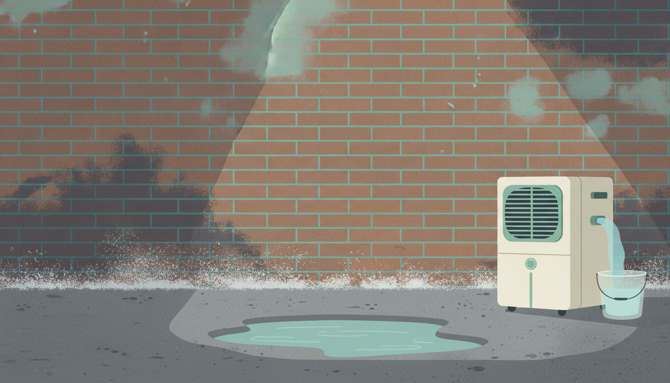 Illustration af en gammel kælder med fugtpletter, hvide saltudtræk på murene og en vandpyt på gulvet