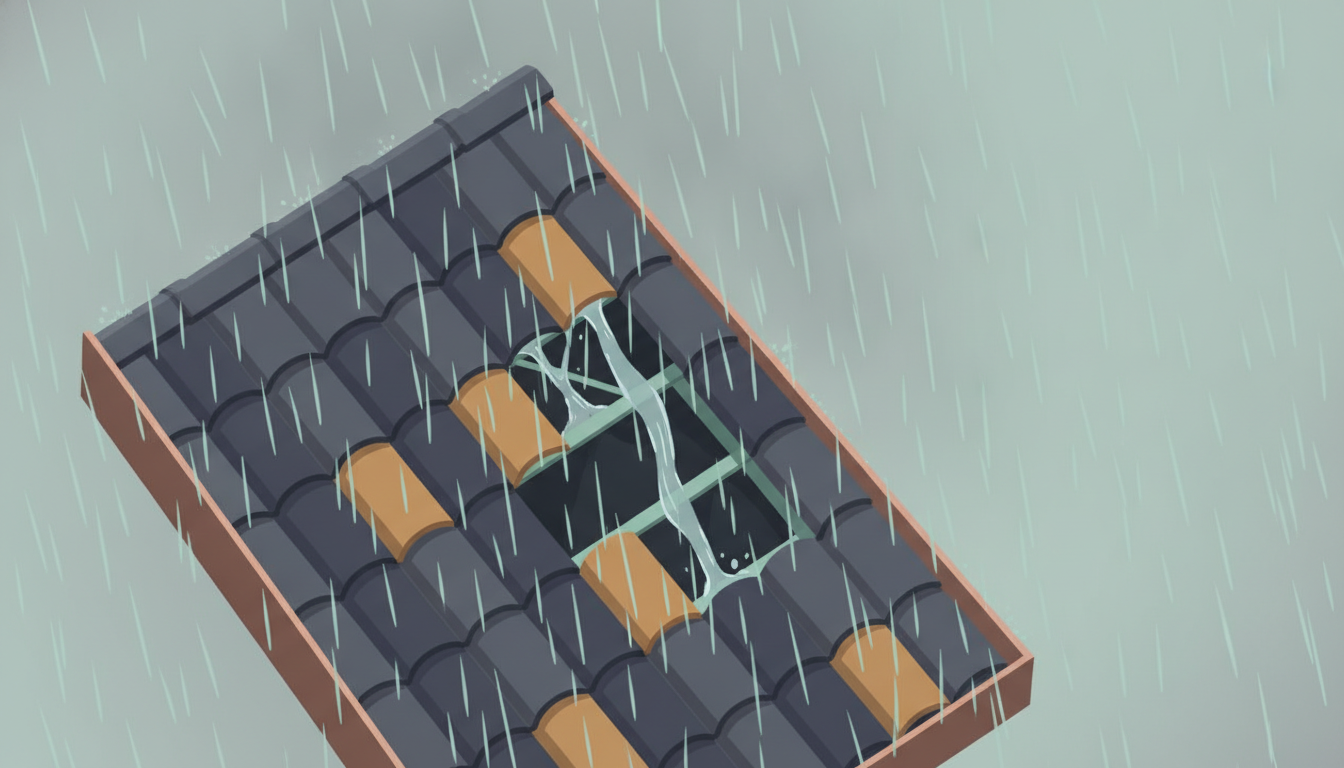 Illustration af et tegltag i regnvejr, hvor vandet løber ind under tagstenene