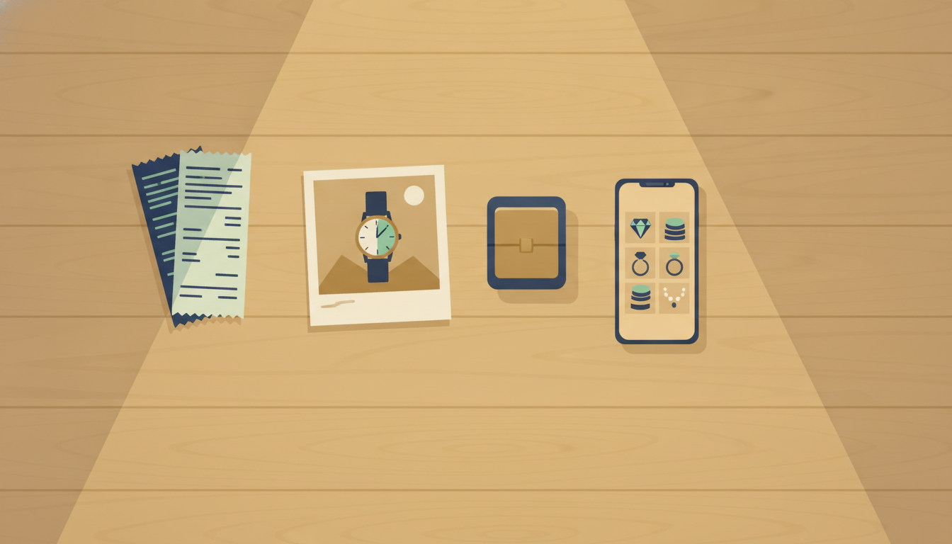 Illustration af kvitteringer, et foto af et armbåndsur, et smykkeskrin og en mobiltelefon med billeder af værdigenstande på et bord.