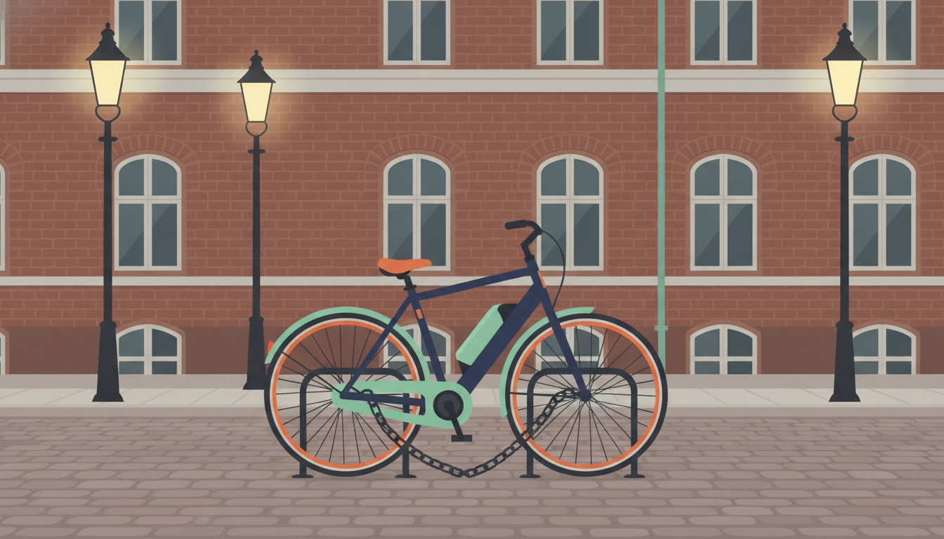 Illustration af en elcykel låst med kæde til et cykelstativ foran en etageejendom i mursten om aftenen.