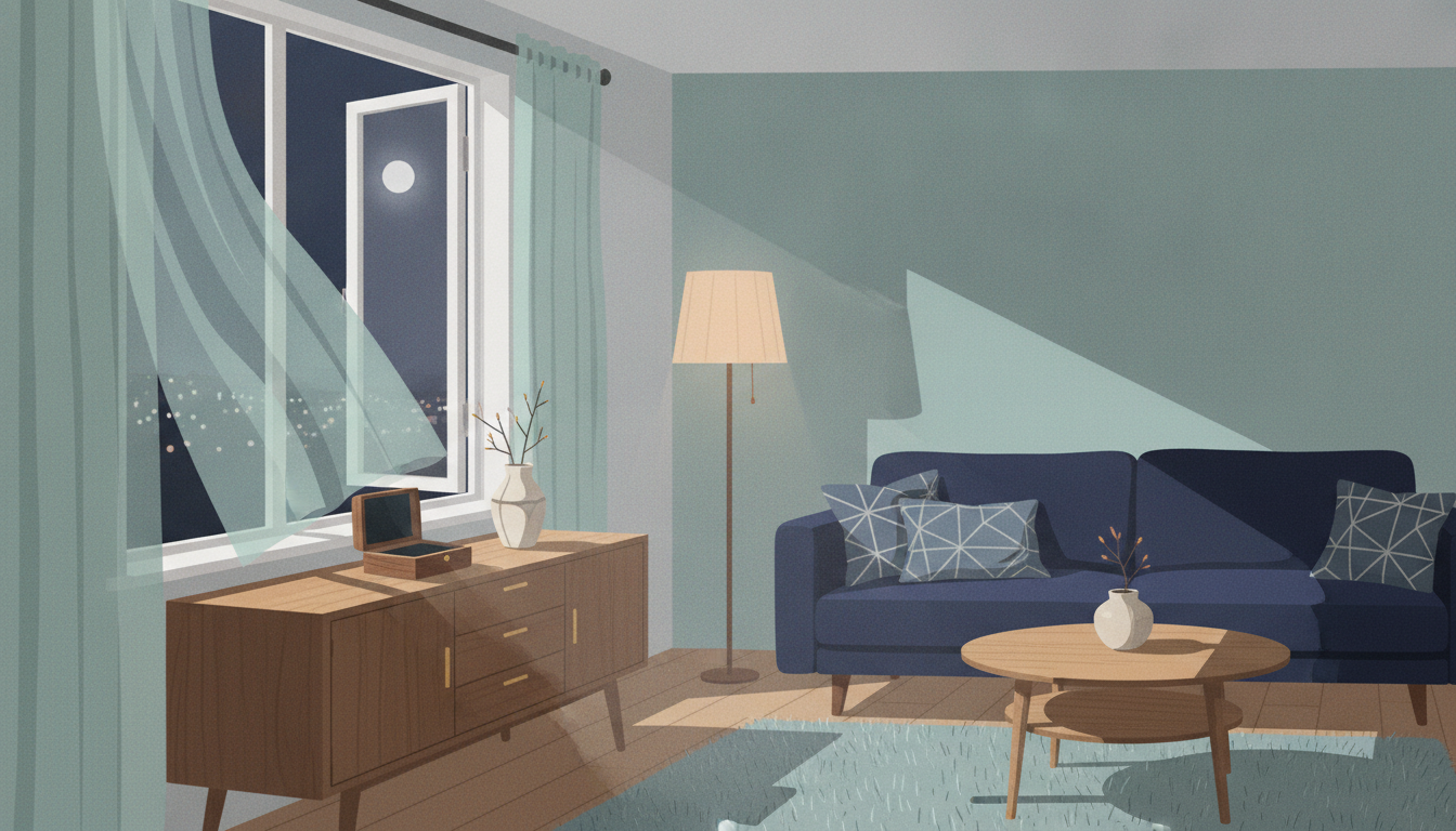 Illustration lavet med KI: en stue om natten, hvor vinduet står åbent, og et åbent smykkeskrin står på en skænk.