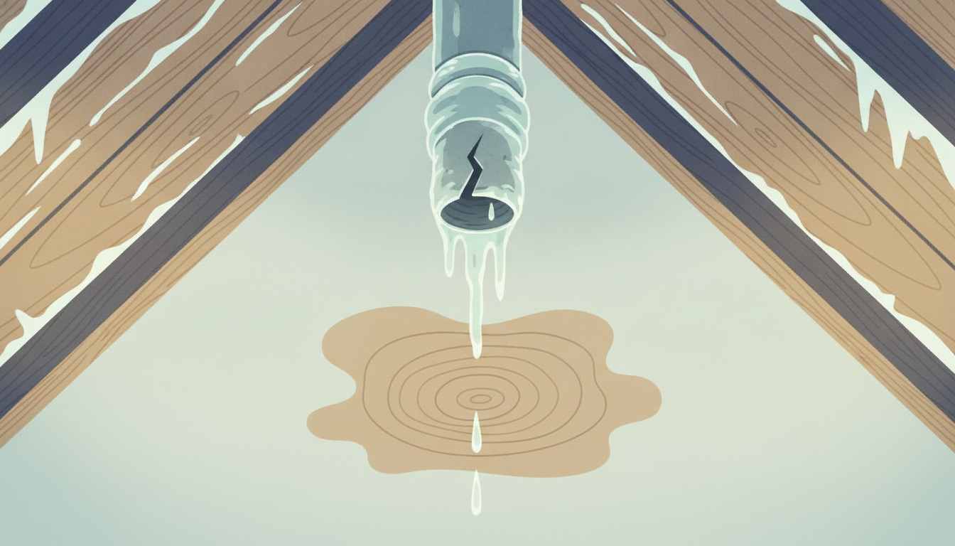 Illustration af et uopvarmet loftsrum med rimfrost, hvor et frostsprængt rør drypper vand ned på loftet nedenunder