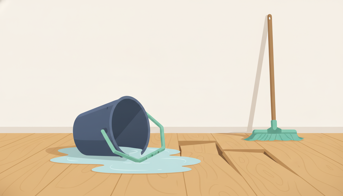 Illustration af en væltet spand med knækket hank på et trægulv, hvor vandet er løbet ud og nogle gulvbrædder har rejst sig