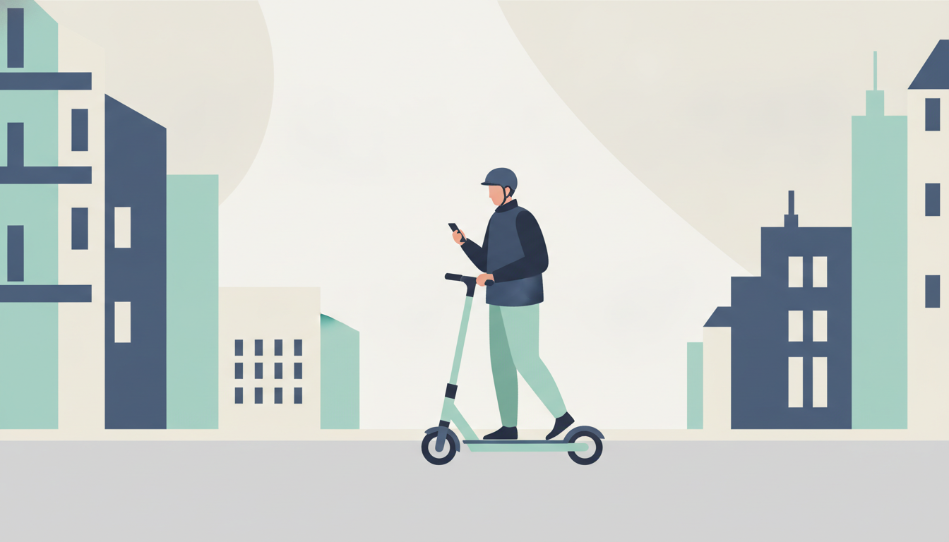 En person kjører elsparkesykkel i bytrafikk mens vedkommende ser på mobilen
