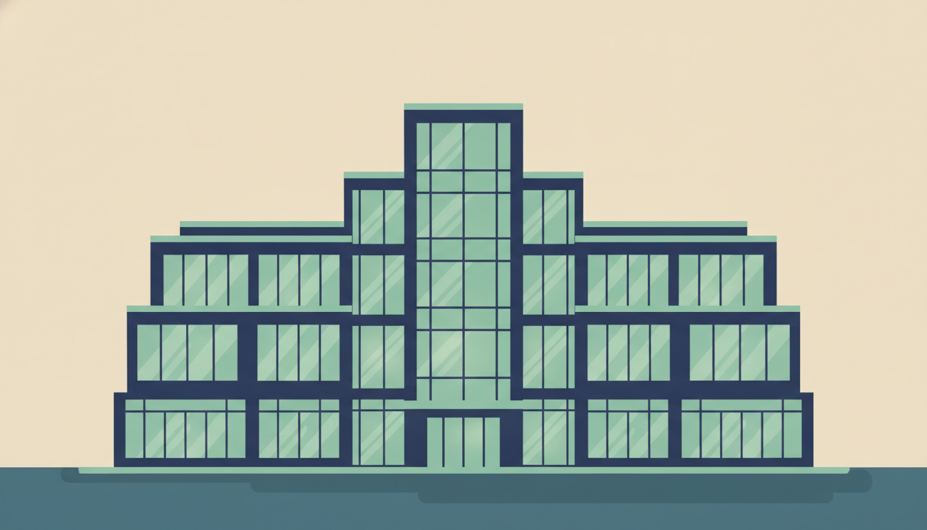 Facade af en moderne forsikringsbygning med glasfacade, der symboliserer finansiel stabilitet