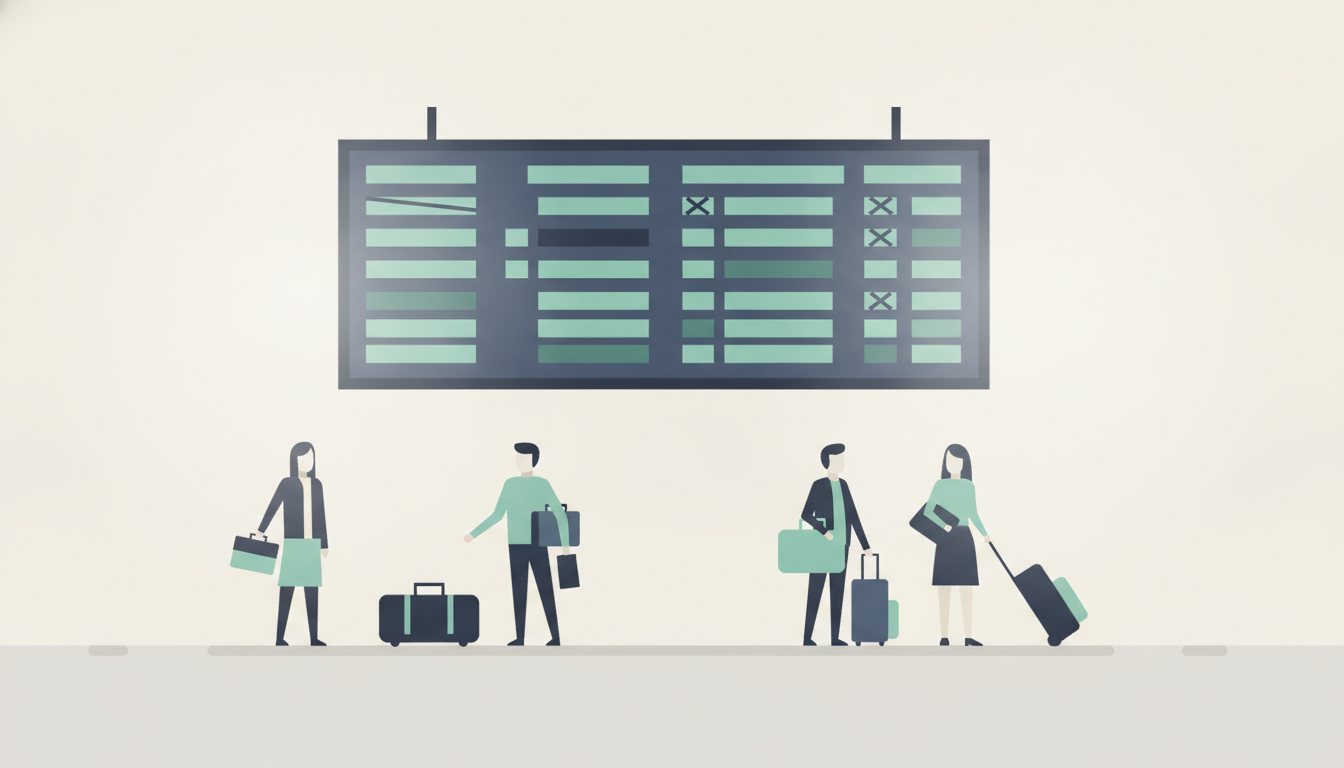 Flypassasjerer venter i en terminal ved en informasjonstavle som viser kansellerte avganger.