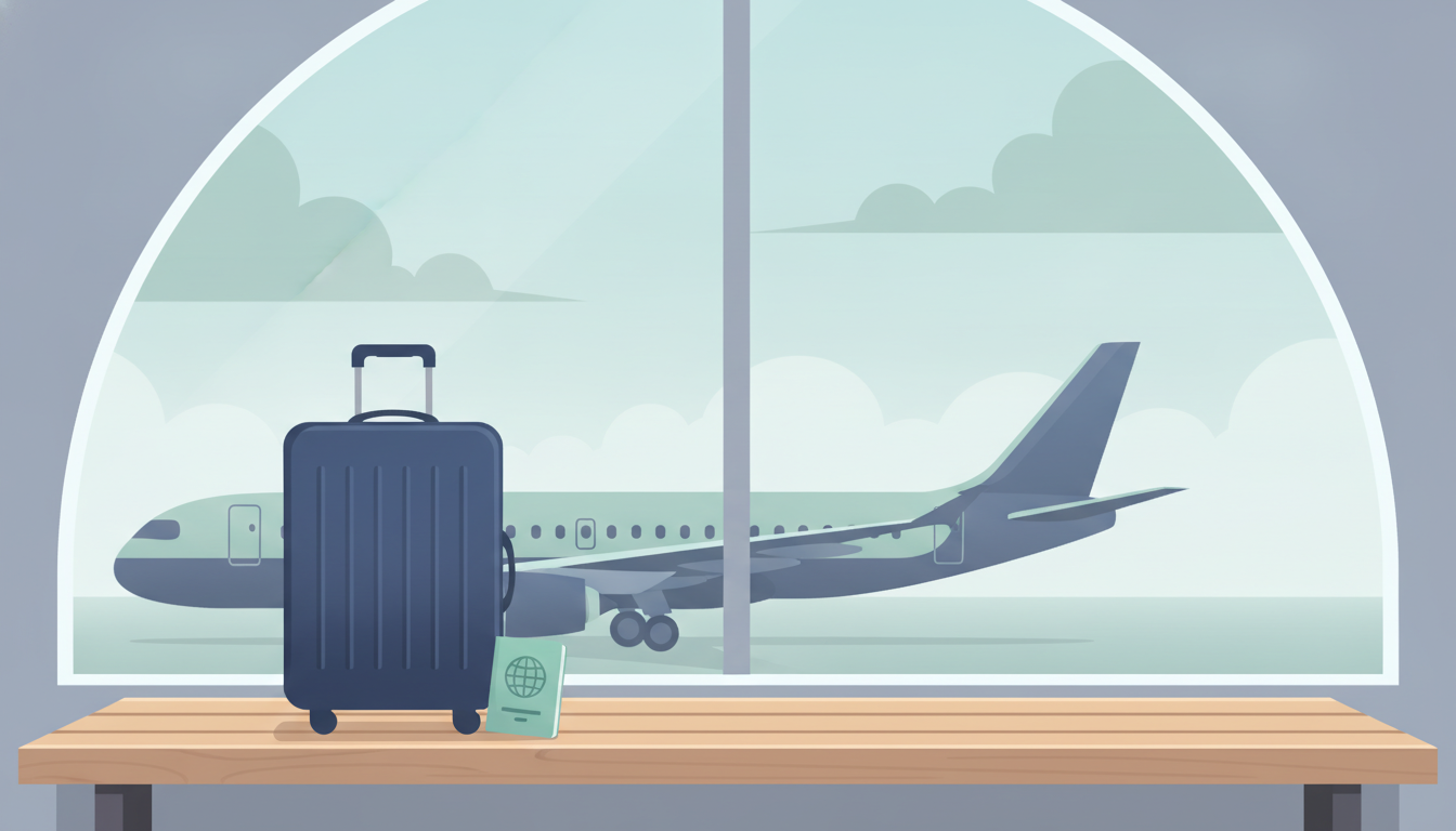 En kuffert og et pas ved et gate-vindue på en lufthavn med et fly udenfor