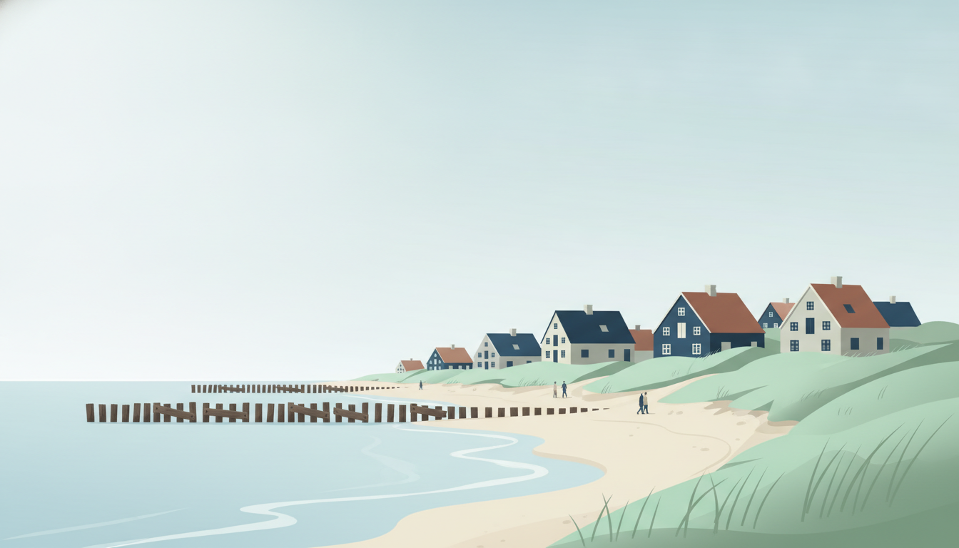 Kystlinje med træbarrierer og klitter, der beskytter huse mod havet
