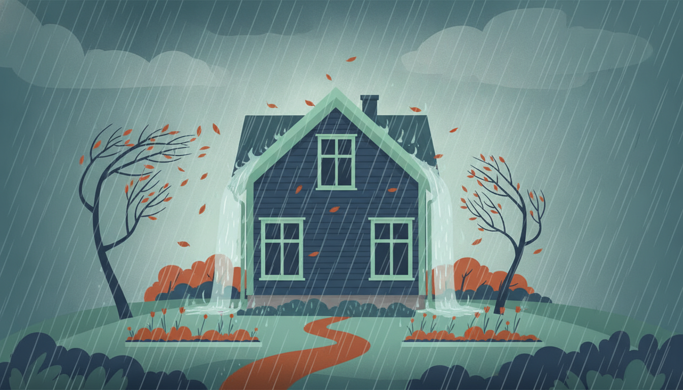 Kraftig regn og vind rundt et norsk hus i høststorm