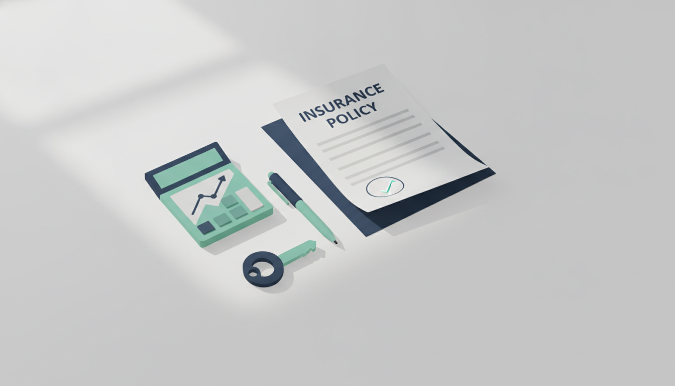 Forsikringsdokument på et skrivebord med en lommeregner og en graf, der viser stigende tal