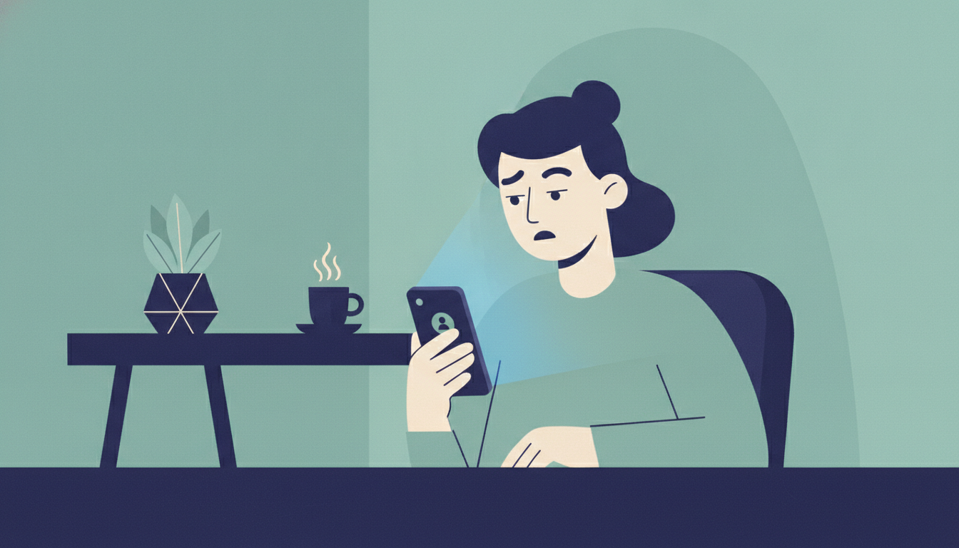 En person ser bekymret på mobilskjermen under en telefonsamtale hjemme