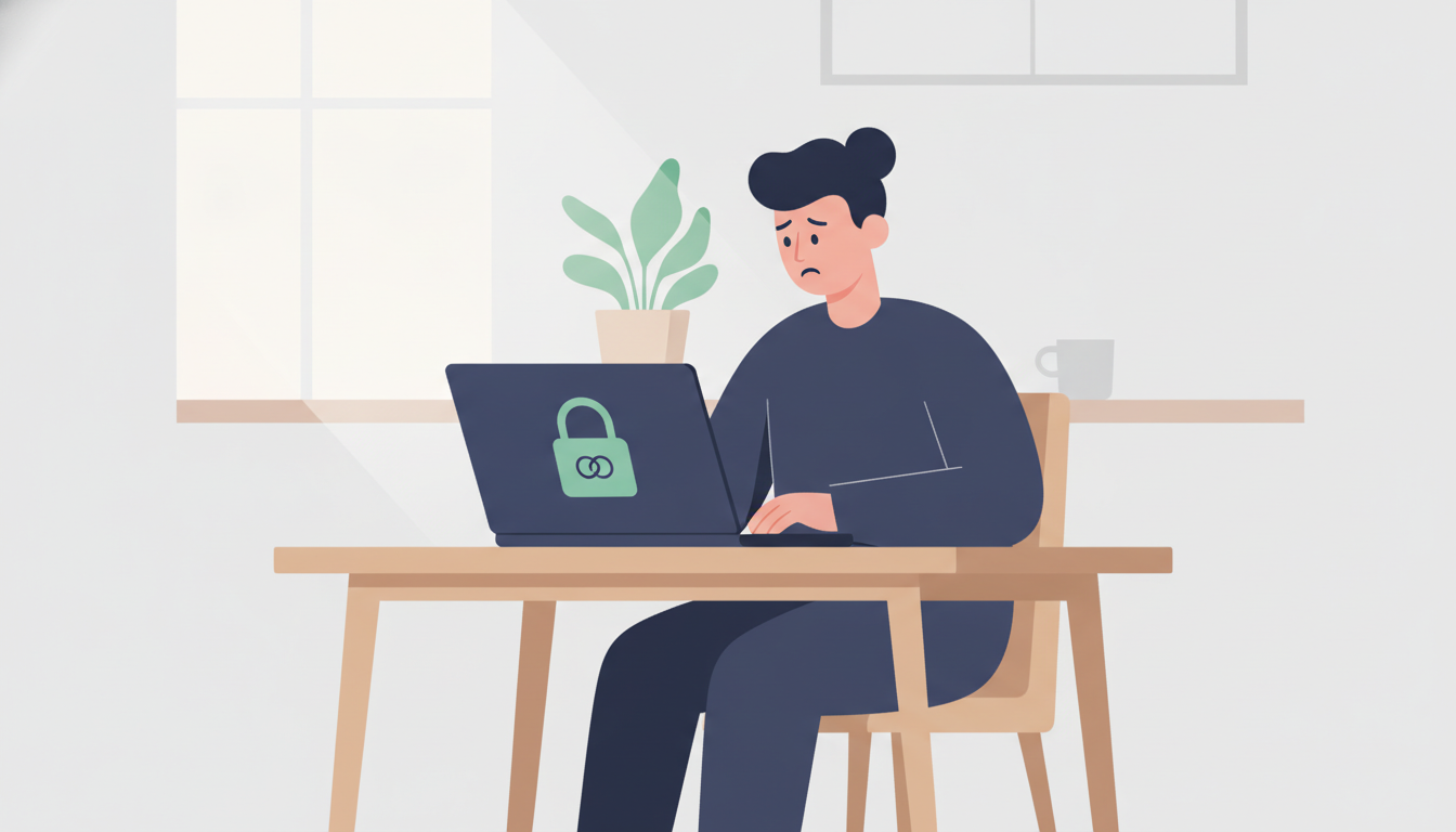 Person ser bekymret på en computerskærm med et hængelås-symbol som illustrerer digital sikkerhed