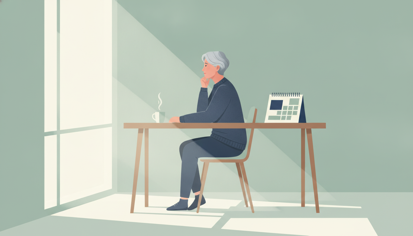 En person sitter ved et skrivebord og ser tenksomt ut av vinduet, med en kalender og kaffekopp i nærheten