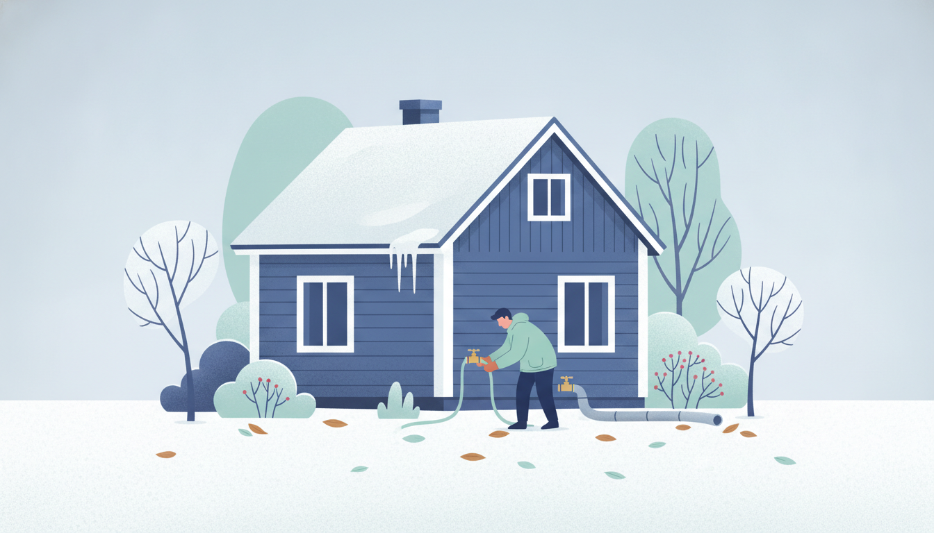 Et sommerhus i vinterklargøring med frost på ruderne og en afmonteret haveslange