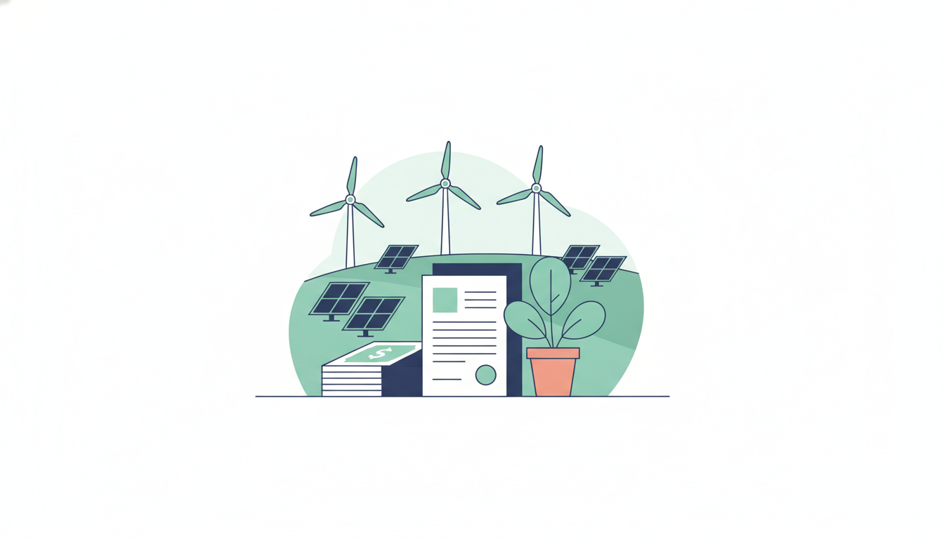 Vindmøller og solceller i et grønt landskab med finansielle dokumenter og en plante i forgrunden.