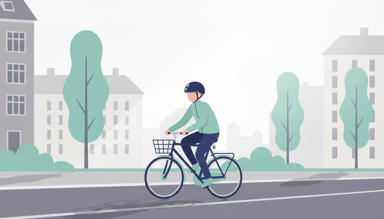 Cyklist med hjelm kører på en cykelsti i en dansk by
