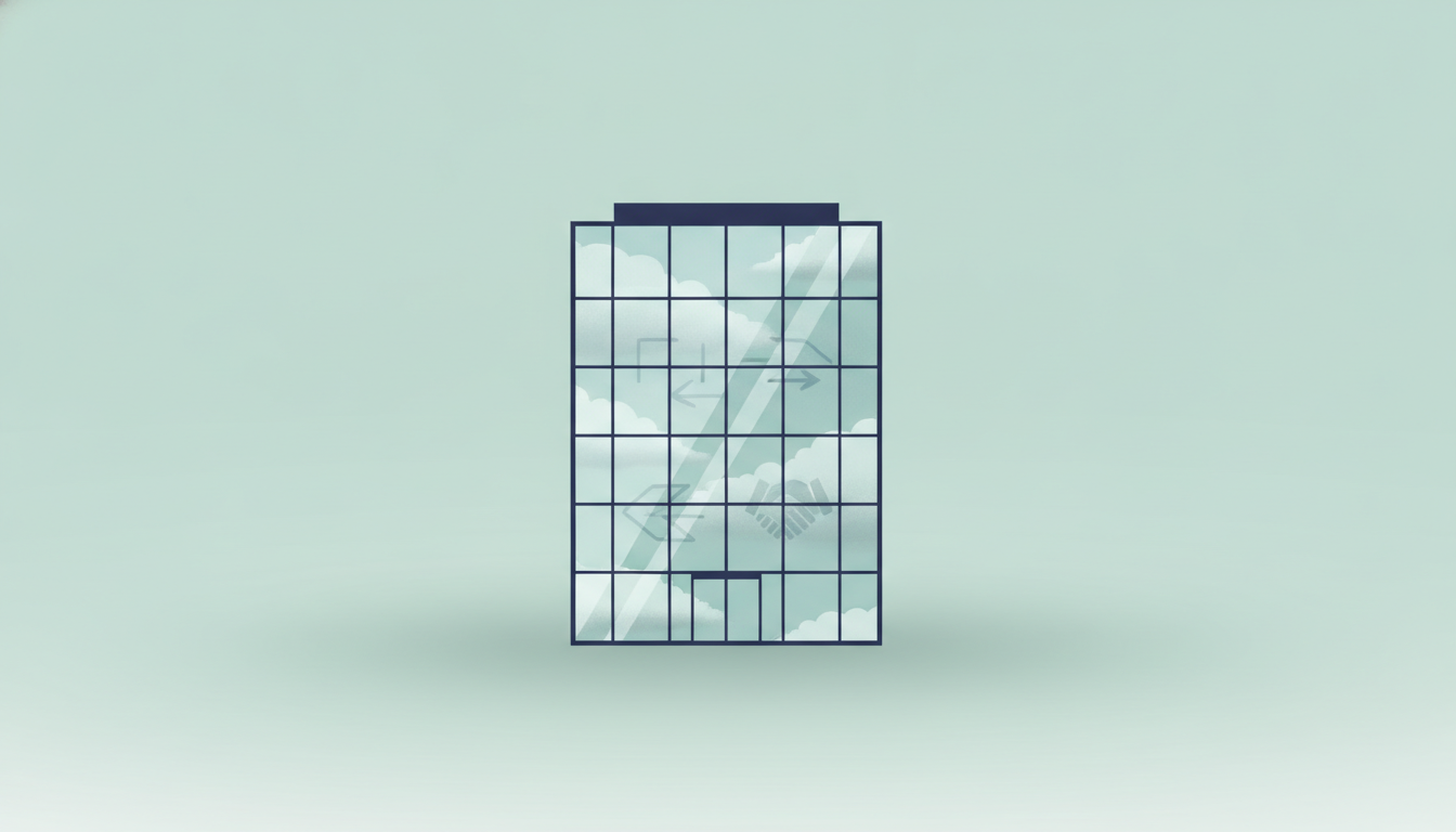 Moderne kontorbygning med glasfacade, der symboliserer en virksomhedsaftale