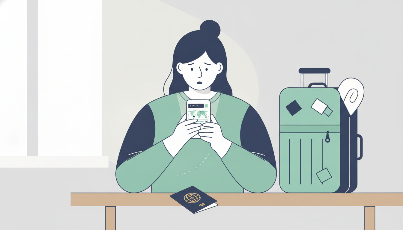 En person sjekker reiseinformasjon på mobilen ved siden av pass og koffert, som illustrerer bekymring rundt sommerferiereiser