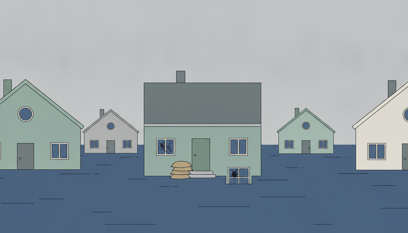 Oversvømmet villakvarter med sandsække ved en dør og vand omkring husene efter stormflod