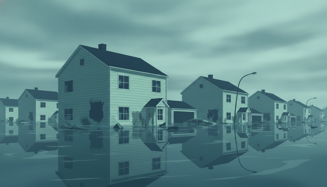 Oversvømmet boligområde efter stormflod med vandskader på huse og gader