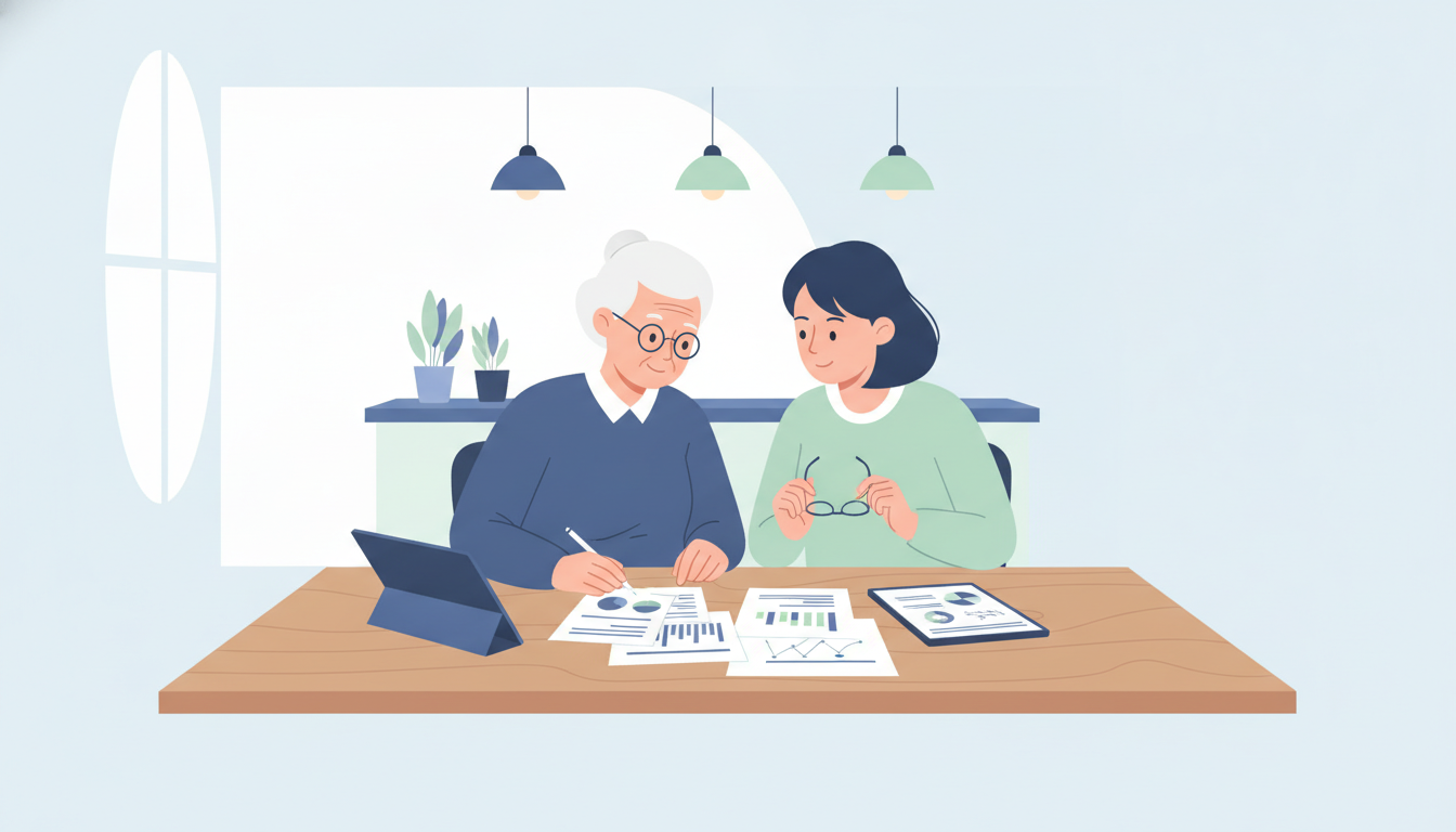 To generationer kigger på pensionsdokumenter ved et køkkenbord