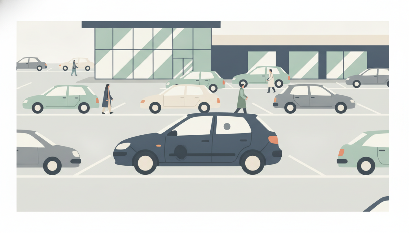 Bil med liten bulk parkert på en travel parkeringsplass