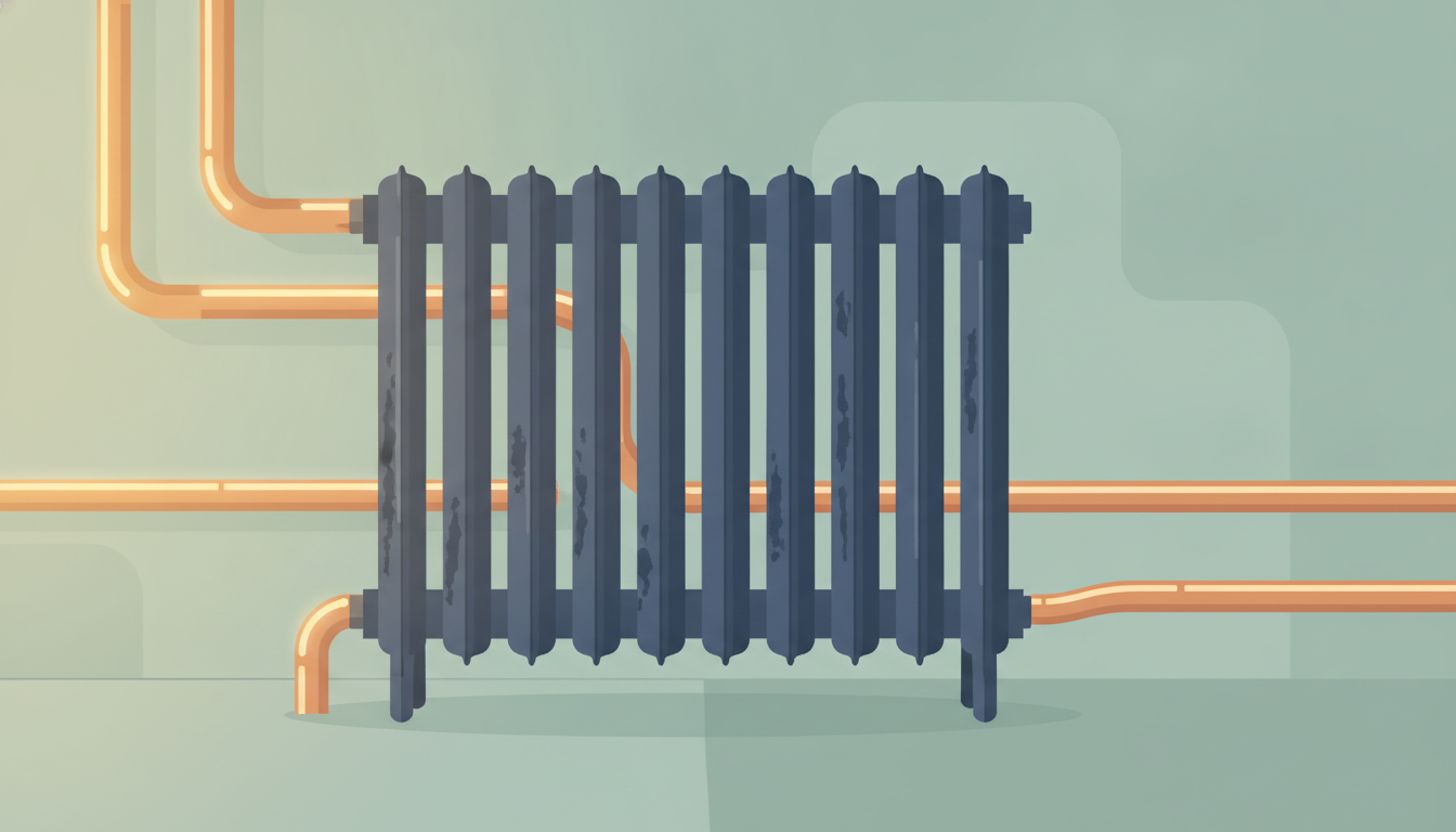Gamle radiatorrør i en kælder, der illustrerer en sag om bankelyde i et varmesystem