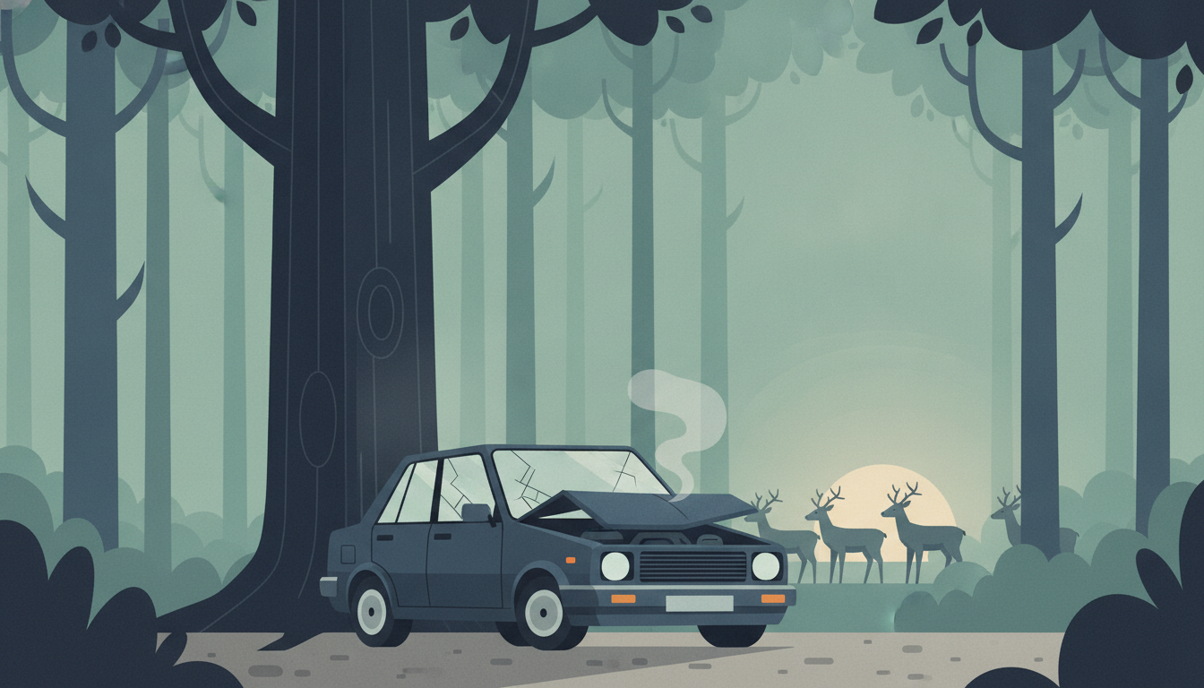 Illustration af en bil, der er kørt ind i et træ i en skov med rådyr i baggrunden