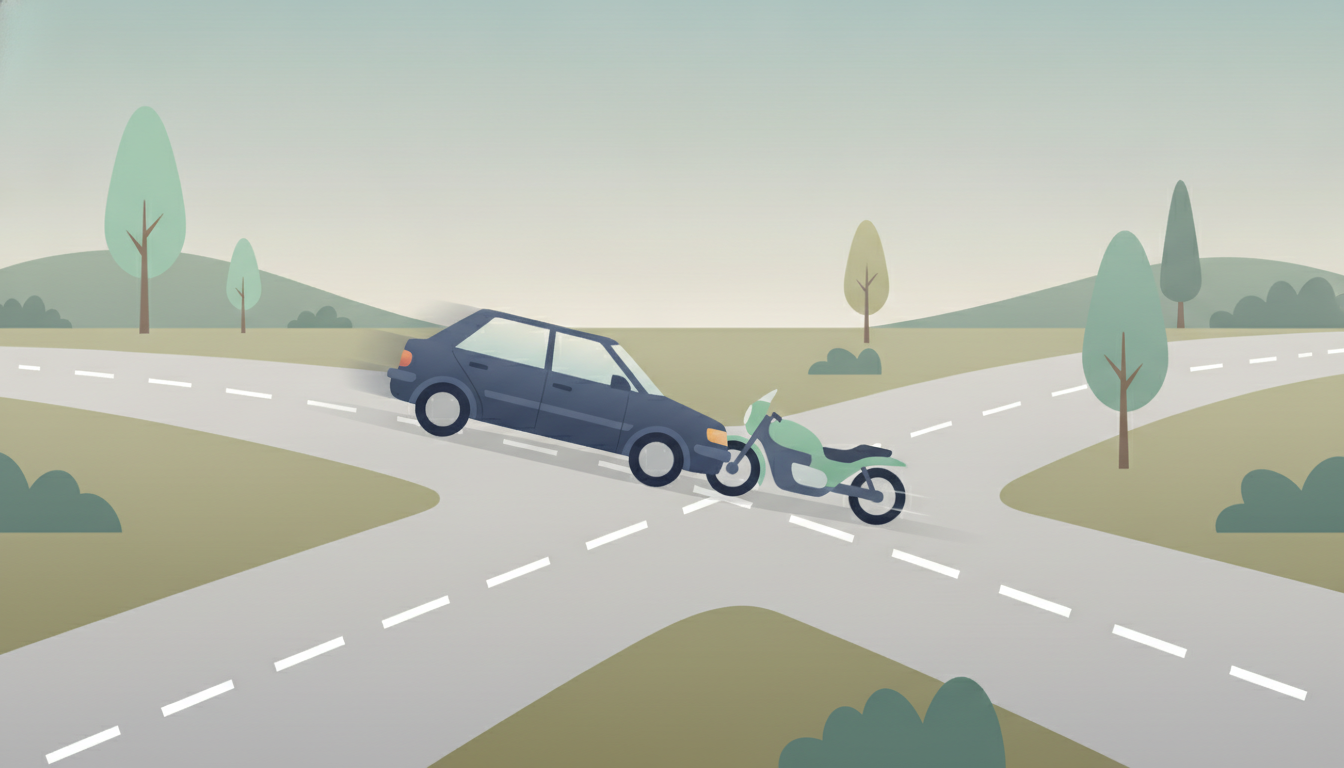 Illustrasjon av en bil og en motorsykkel ved et veikryss som symboliserer en trafikkulykke