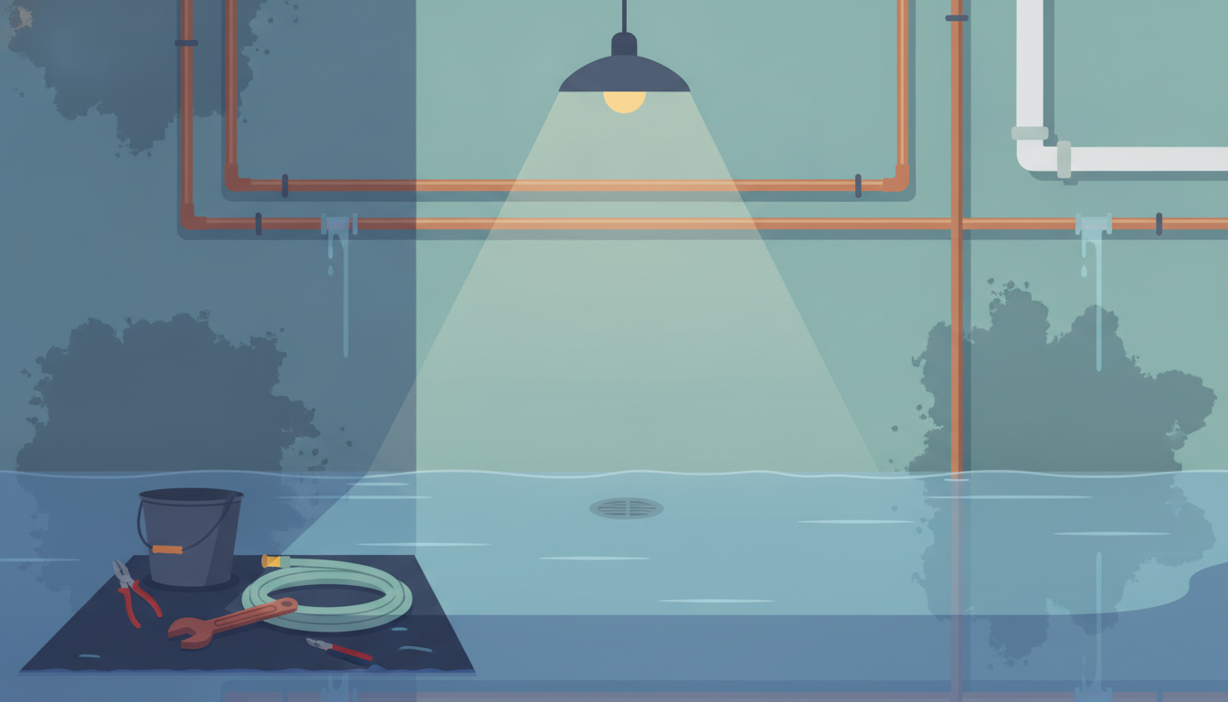 Illustration af en oversvømmet kælder med vandskade nær rør