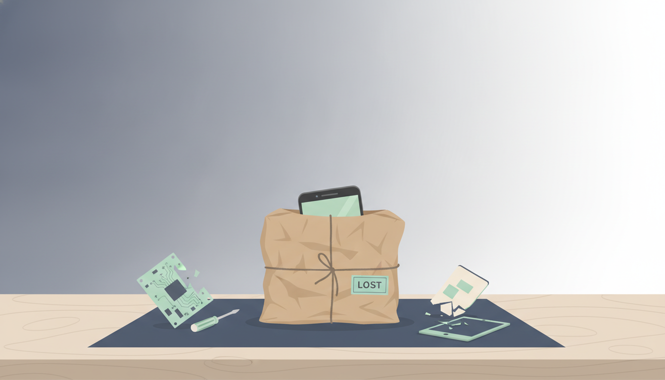 Illustration af en mobiltelefon i forsendelsesemballage hos et pakkefirma