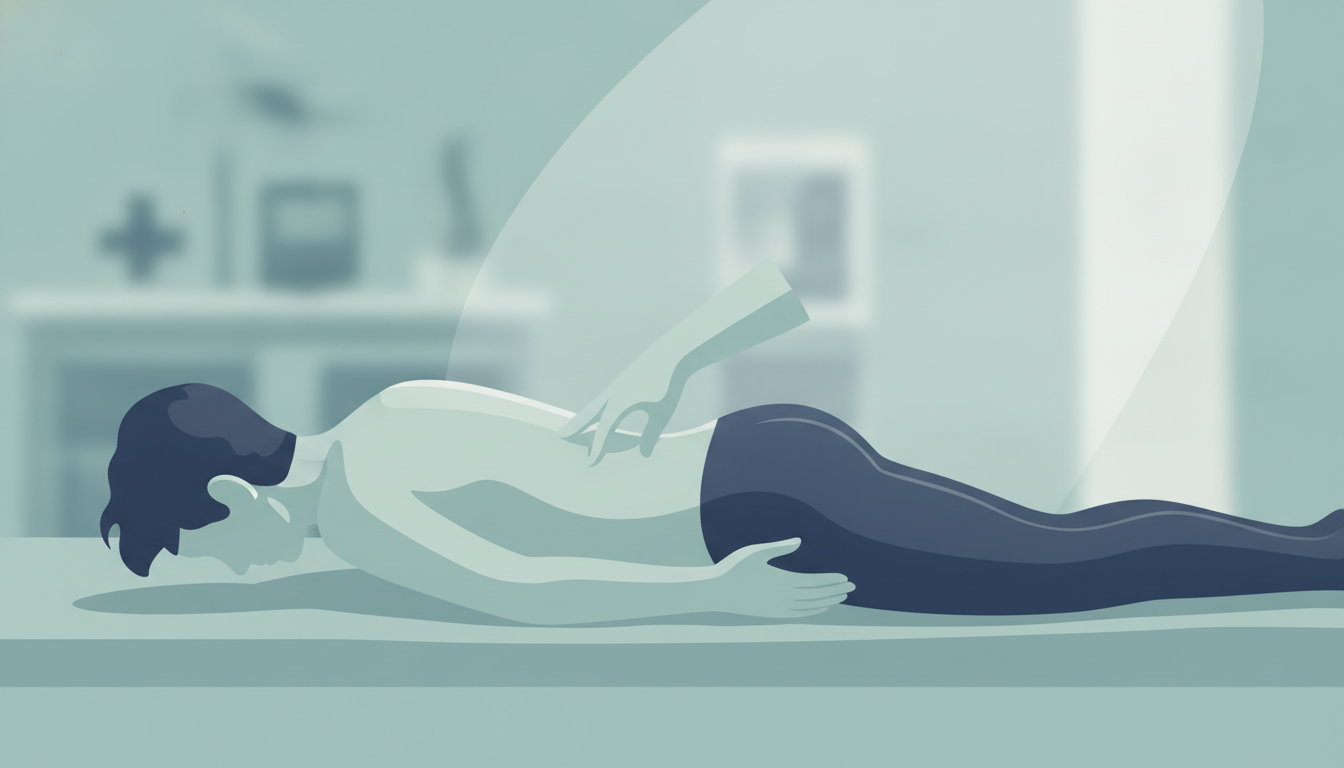 Illustration af en medicinsk undersøgelse af ryggen i forbindelse med en forsikringssag om varigt men