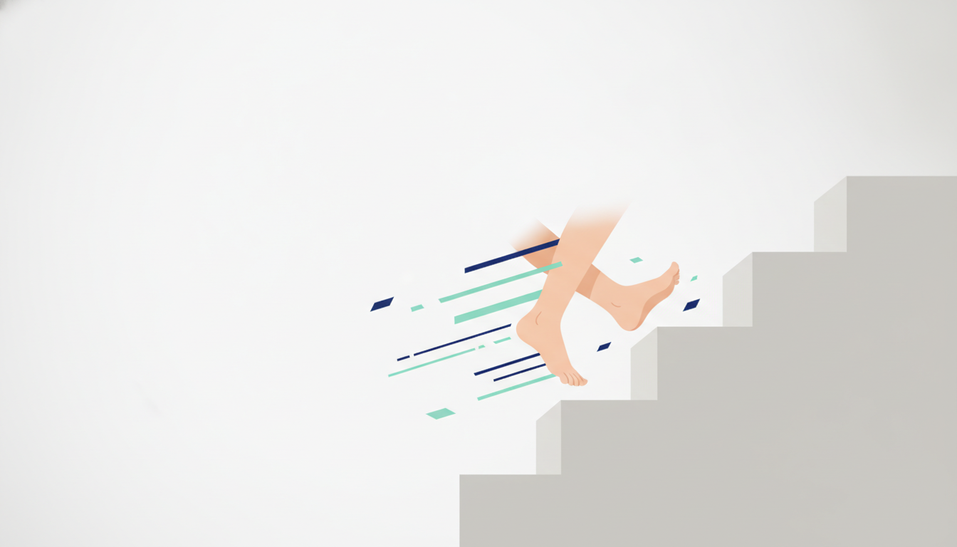 Illustration af et fald på en trappe med fokus på fødderne, der symboliserer en ulykke og efterfølgende gener