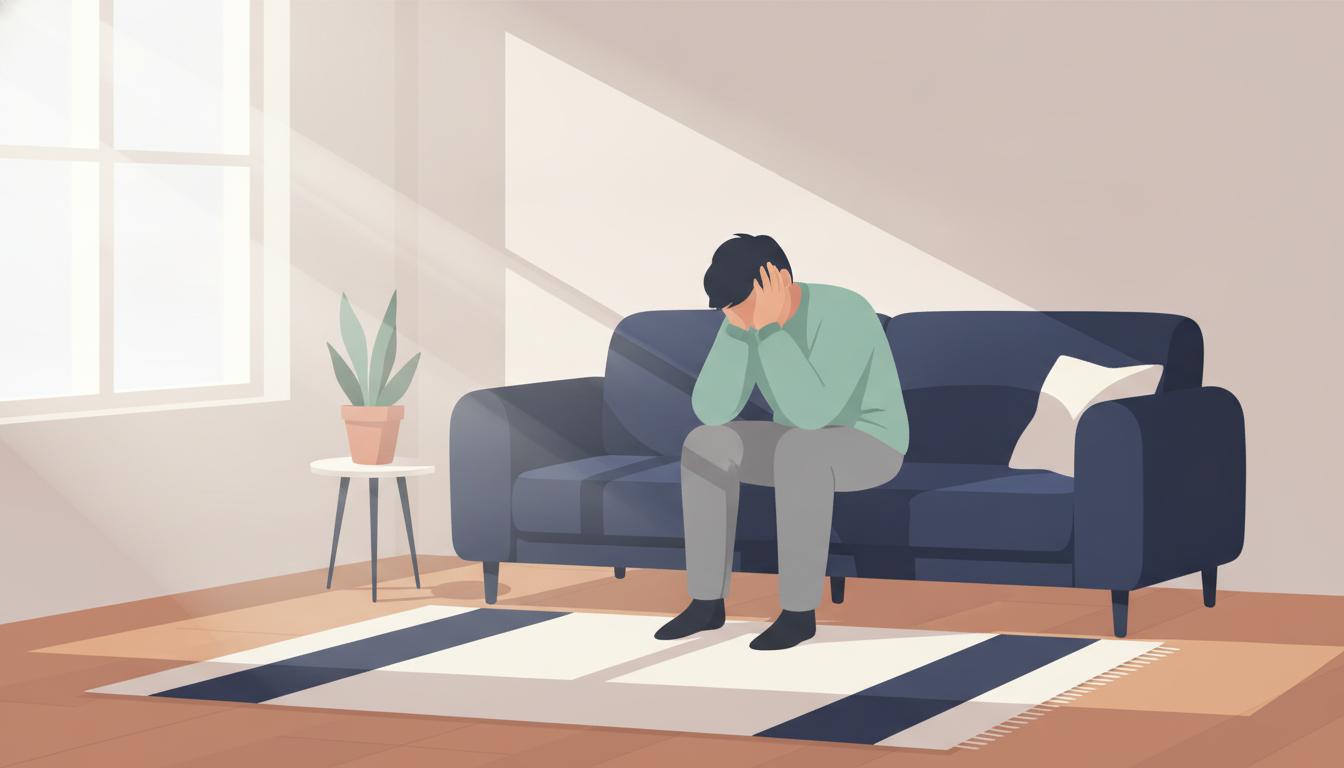 En person hviler utmattet i en sofa hjemme, med hånd mot pannen
