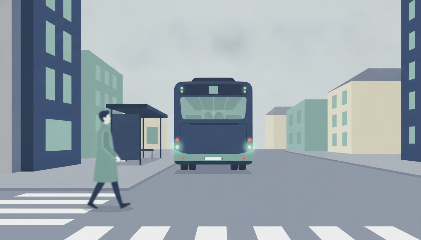 Illustrasjon av en buss som svinger ut fra en holdeplass mens en person står nær et gangfelt