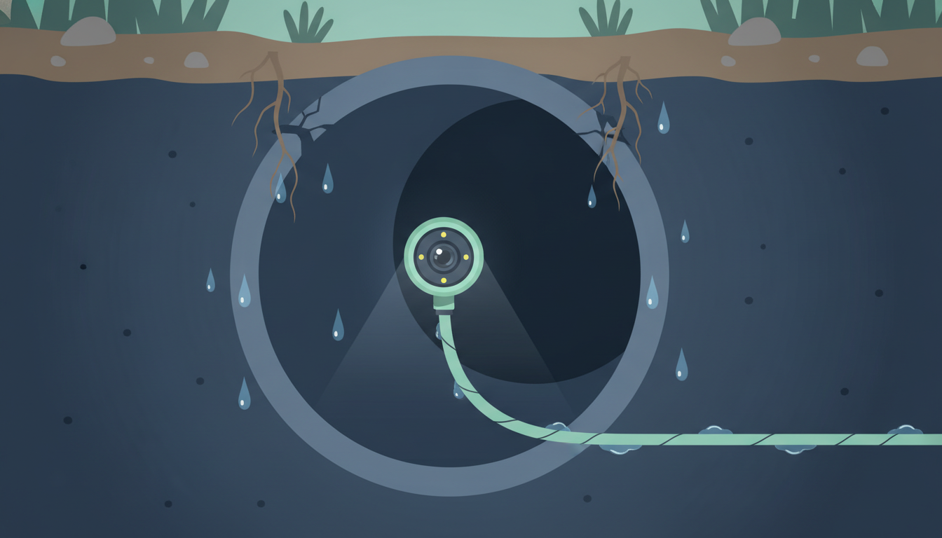 Illustration af kloakinspektion med kamera i en nedgravet ledning ved et boligområde