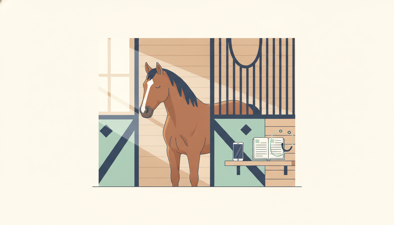 Illustration af en hest i en stald som symbol på dyreforsikring og dyrlægekontakt