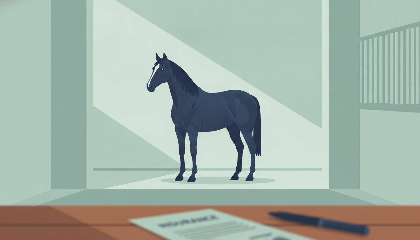 Illustrasjon av en hest i en stall med et uskarpt dokument i forgrunnen, som symboliserer en forsikringsavtale