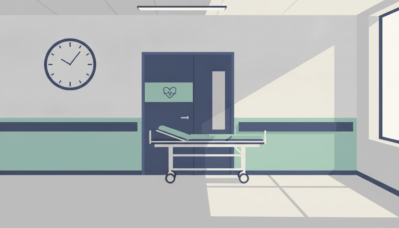 Hospitalsgang med et ur på væggen og en tom båre uden for et hjertebehandlingsrum