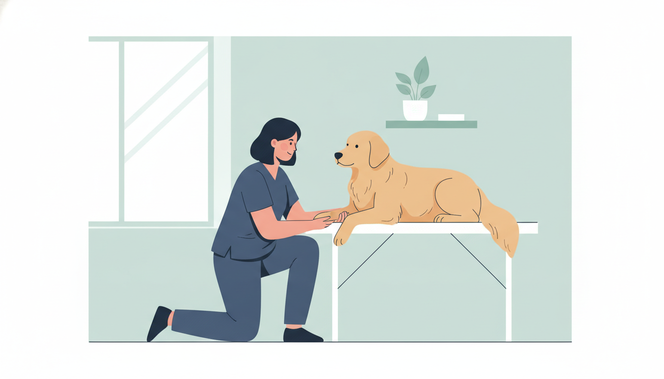 Veterinær undersøker en hunds ben på et undersøkelsesbord