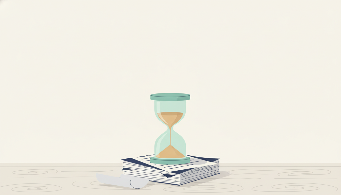 Timeglas og dokumenter på et skrivebord som symbol på forsinket klage i en forsikringssag