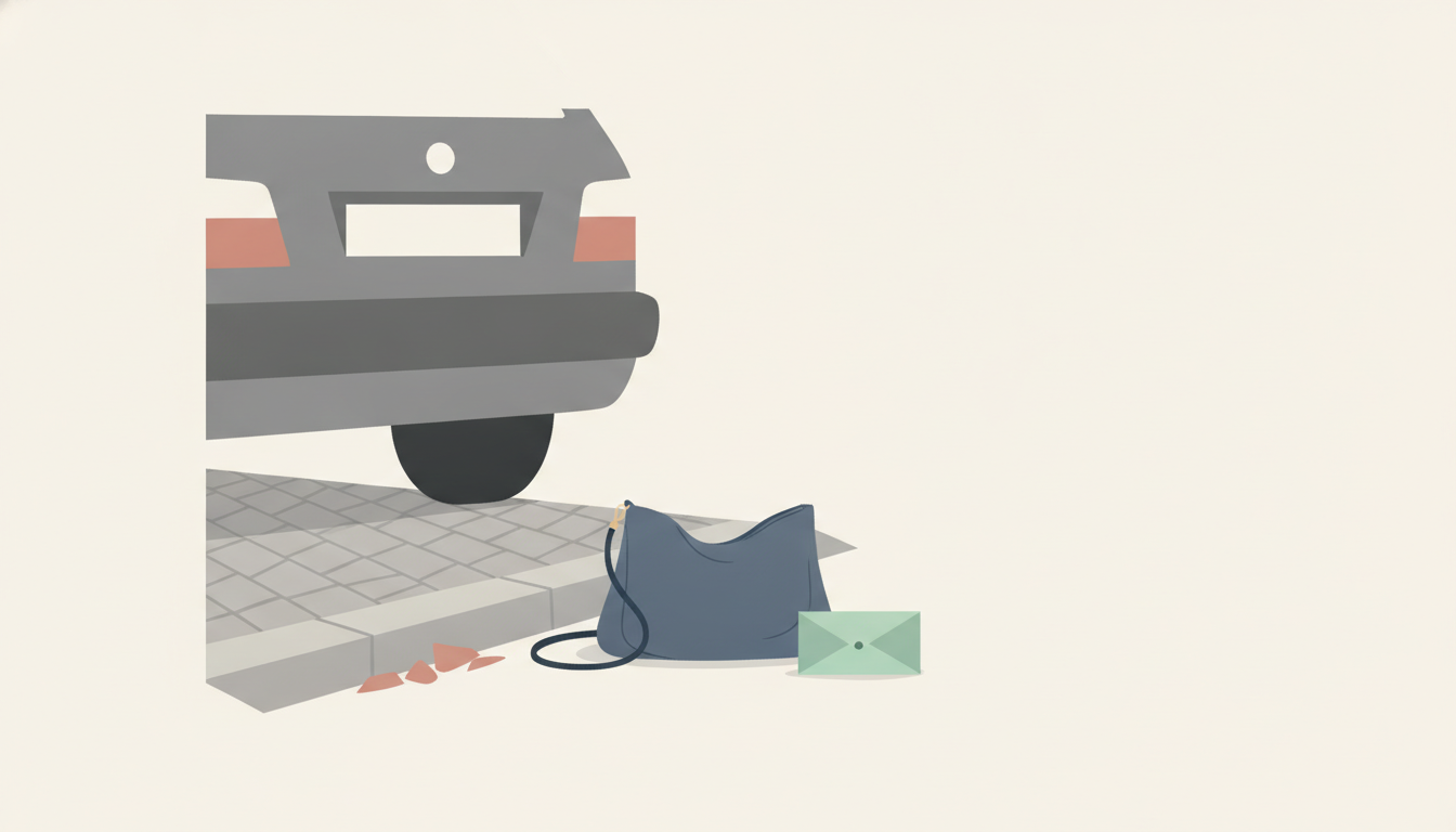 Illustration af en efterladt taske på gaden bag parkerede biler