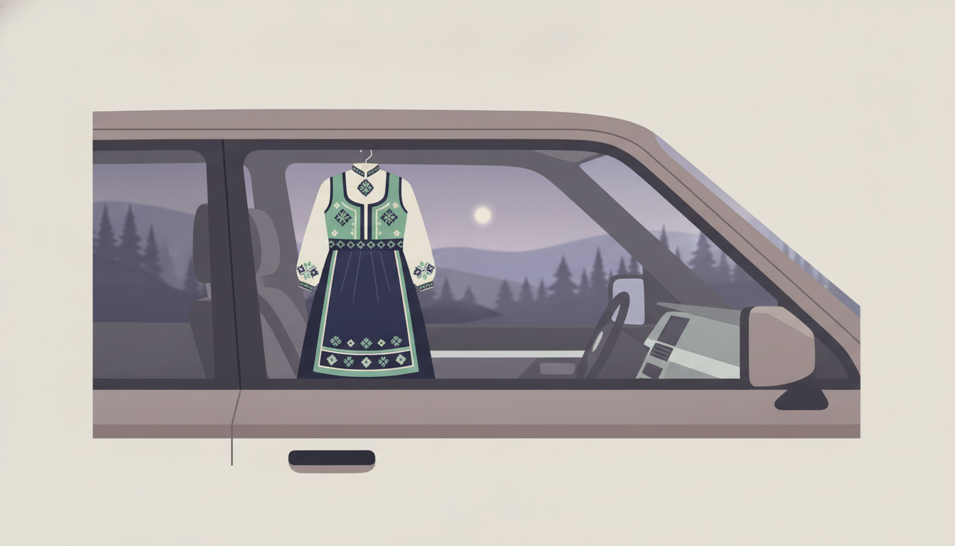 Illustrasjon av en bunad som ligger i baksetet på en bil
