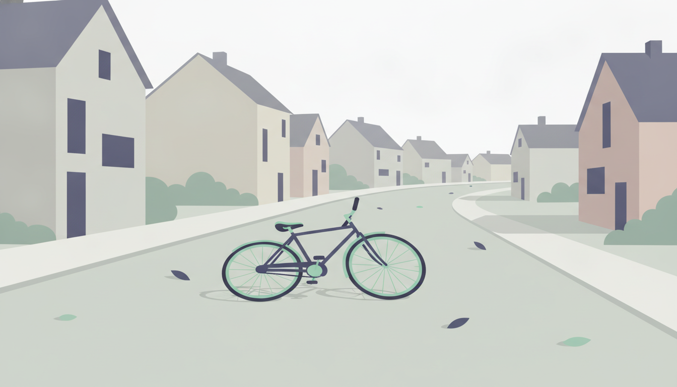 En cykel ligger på jorden ved siden af en stille gade efter et fald.